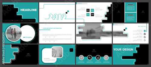 Business presentation template. Set, infographic elements, abstract green design, white background. Office building, corporate photo, PowerPoint. Slideshow, annual report. Vector illustration
