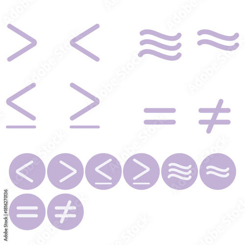 Math Symbol Vector Set Including Greater Than, Less Than, Equal, Not Equal, And Approximately Signs