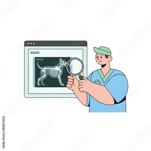 Veterinarian Examining Dog X ray with Magnifying Glass