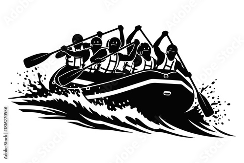 White water rafting adventure, group paddling down a river in a raft with splashing water