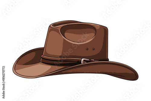A classic brown wide-brimmed cowboy or outback adventure hat with a leather band and buckle, isolated vector illustration
