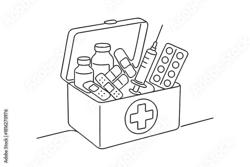 Simple line art illustration of an open first aid box filled with essential medical supplies, including medicine bottles, plasters, and a syringe