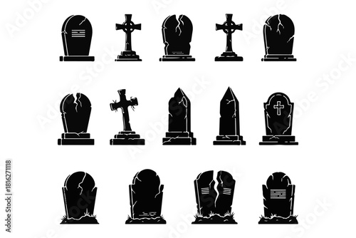 Collection of gravestone and tombstone silhouettes. Vector graphics for Halloween, cemetery, and memorial designs, featuring diverse antique and spooky grave markers