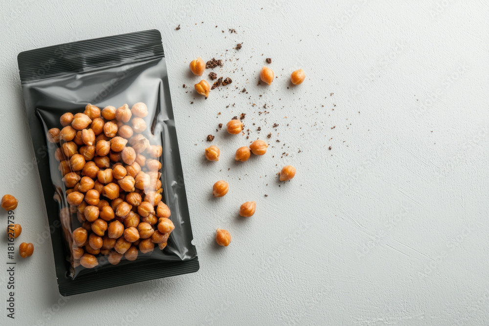 Fototapeta premium Sealed black pouch filled with roasted chickpeas placed on white textured surface with some chickpeas and crumbs scattered around, evoking crunchy snack feeling