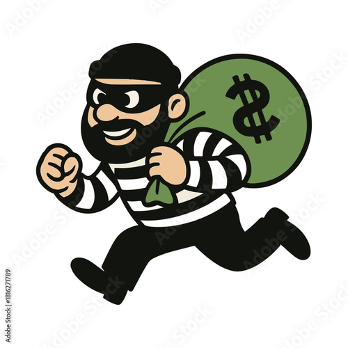 A cartoon burglar in striped clothing running with a sack of money after a robbery