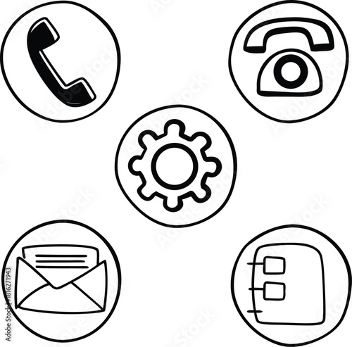 Dynamic contact options doodle icon set for modern communication solutions, great for apps and UI design, offering a fresh and unique feel