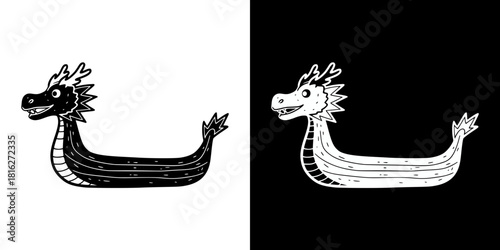 Dragon boat illustration, isolated vector image, two versions on transparent and black backgrounds, pencil drawing, chalk drawing

