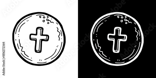 Consecrated bread illustration with a cross design, isolated vector image, two versions on transparent and black backgrounds, pencil drawing, chalk drawing
 