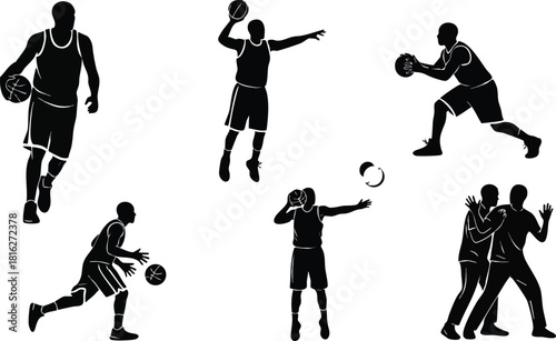 Basketball player silhouettes in various action poses with ball illustrating sport movement and teamwork vector illustration