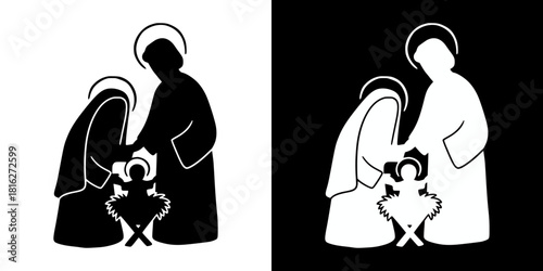 Holy family silhouette of Mary and Joseph with infant Jesus, isolated vector image, two versions on transparent and black backgrounds, pencil drawing, chalk drawing
  
