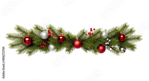 Festive Pine Garland Decor with Red Balls and Lights On White