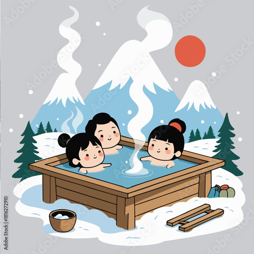 Japanese family soaking in outdoor onsen during snowy winter