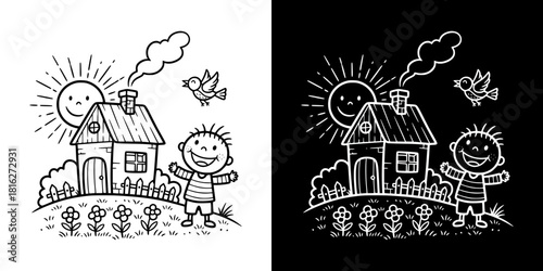 Child smiling near house with sun and flowers in a playful style, isolated vector image, two versions on transparent and black backgrounds, pencil drawing, chalk drawing  