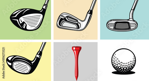Golf clubs driver iron putter red tee and golf ball vector illustration set