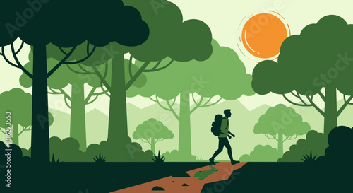 Silhouette Hiker Hiking Through the Forest with backpack, green landscape scene nature trees sun