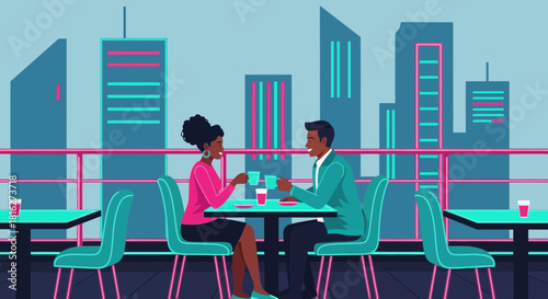 Stylish urban date: Couple enjoying coffee with city skyline, vector illustration for modern