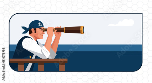 Vector illustration of a pirate captain looking through a telescope at sea with determination and