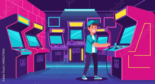 Vibrant Retro Arcade Scene Featuring a Young Man Playing a Video Game Cabinet
