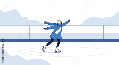 Woman in blue coat ice skating with arms outstretched against a white background enjoying winter