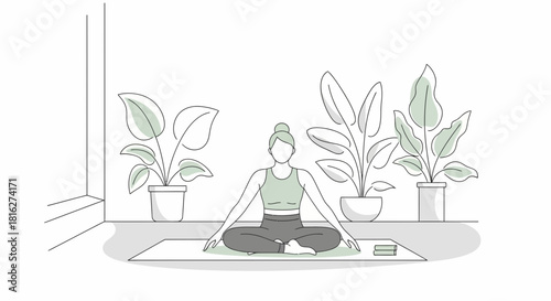 Woman practices mindfulness and yoga surrounded by indoor plants in quiet room