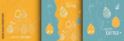 Happy Easter greeting posters card frame typography design with Bunny rabbit, Easter eggs, spring plants. Set Template for advertising, web, social media