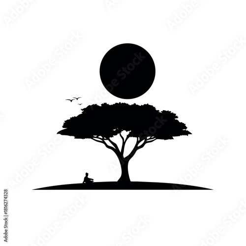 Meditation Scene Under Acacia Trees at Dawn with Calm Peaceful Atmosphere Vector illustration