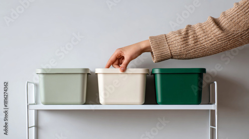 Hand reaching to open a beige storage container on a white shelf with green and gray containers on either side against a plain background