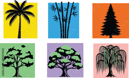 Vector set of six different tree silhouettes with colorful square backgrounds tropical palm bamboo pine oak and willow trees illustration