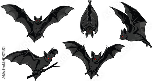 Five black bats flying and hanging with red eyes spooky Halloween vector illustration
