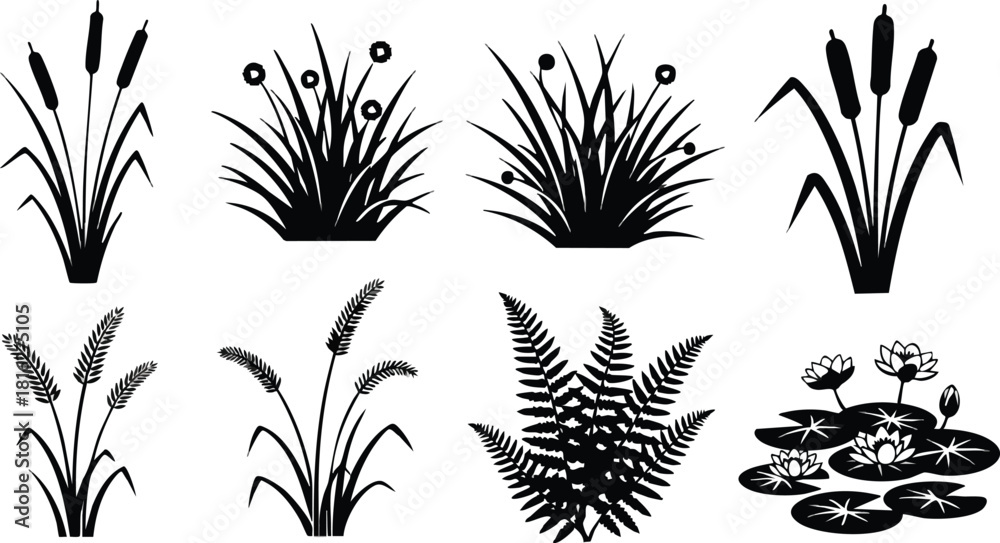 Naklejka premium Black silhouette aquatic plants and water lilies vector collection simple nature design