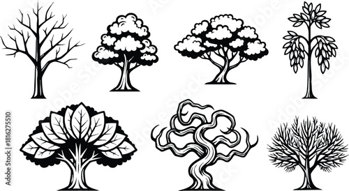Set of seven diverse tree silhouettes in black and white vector illustration showing different leaf and branch styles