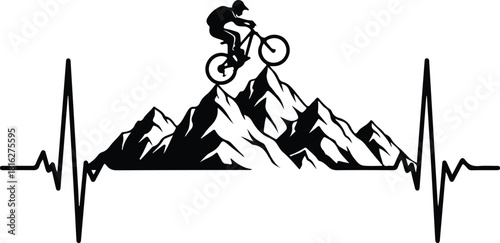Mountain biker silhouette riding over mountain heartbeat design