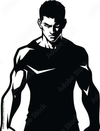 Muscular man silhouette black and white strong athletic male vector illustration