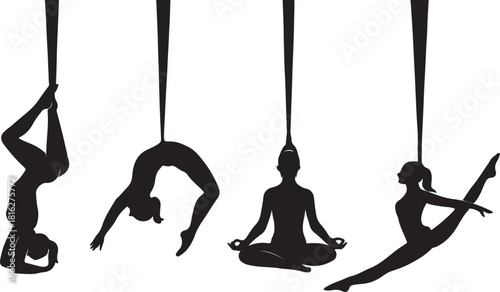 Silhouette aerial yoga fitness women in various poses