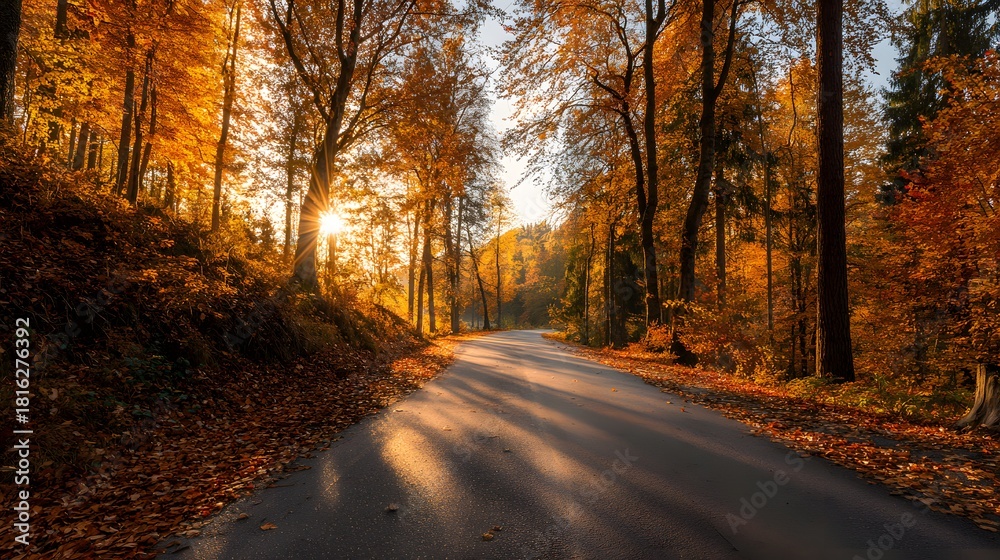 Obraz premium A scenic road winding through a vibrant autumn forest at sunset.