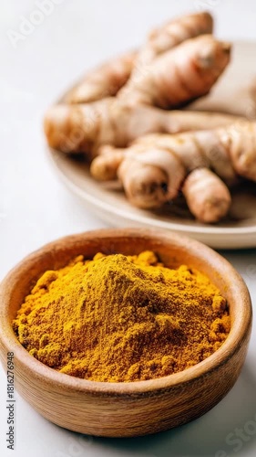 Bright yellow turmeric powder in a wooden bowl with blurred fresh turmeric roots on a plate