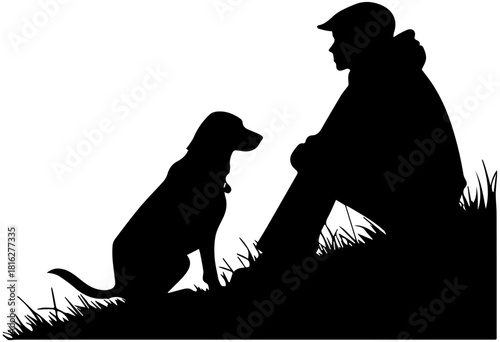 Silhouette of Person Sitting with Dog on Grass