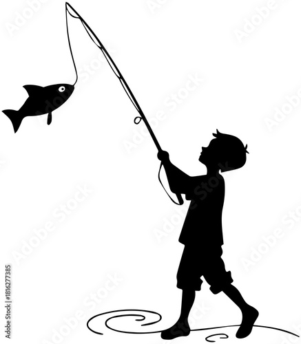 Silhouette of Child Catching Fish with Rod
