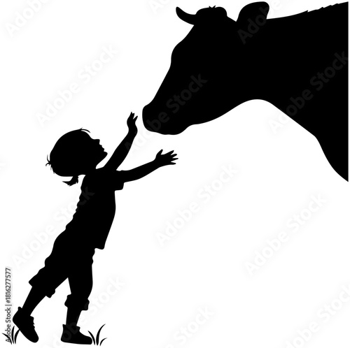 Silhouette of Child Reaching Toward Cow