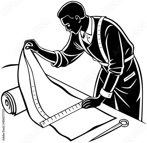 Tailor Measuring Fabric on Table Silhouette