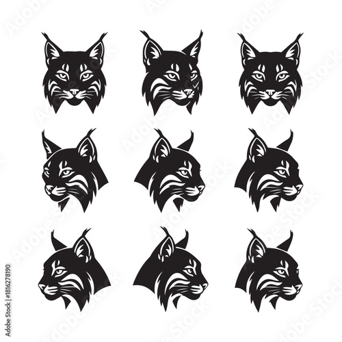 bobcat face silhouette, bobcat head vector icon, wild cat portrait black outline, bobcat cheek fur silhouette, bobcat ear tuft head art, bobcat sharp face features, bobcat close-up face vector, bobcat