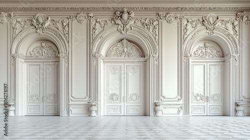 Ornate white palace doors, interior design, elegant room, architectural detail, background for luxury events