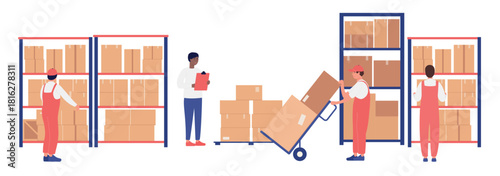 Warehouse workers move and stack boxes on shelves while a supervisor checks inventory with a clipboard. Hand truck, pallets and racks depict logistics process, isolated on white background vector