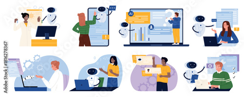 People collaborate with AI bots for programming, analytics, research, writing, art, and language learning in modern digital workspaces, showcasing advanced technology support vector illustration