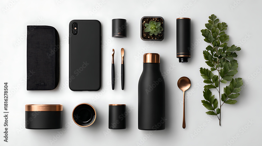Fototapeta premium Black and copper accessories arranged with plant flat lay knolling