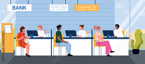 Contemporary banking office interior showing employees assisting diverse clients at desks with computers, highlighting financial services and customer support in a professional setting vector