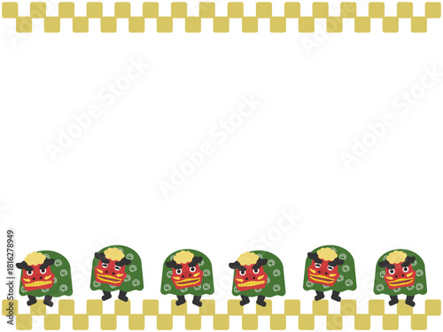 獅子舞　市松模様　フレーム　イラスト