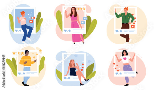 Group of young influencers posing in social media frames, showing likes, comments, and followers, representing online popularity and digital interaction, vector illustration