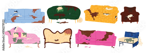 Collection of old, messy sofas with ripped fabric, holes, and visible damage, showing various styles of worn-out couches and armchairs, isolated on white background vector illustration