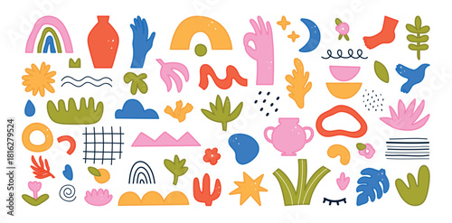 Abstract doodle collection of plants, hands, vases, birds, rainbows and organic cutout shapes in bold modern matisse style for collage, pattern and decor, isolated on white background vector
